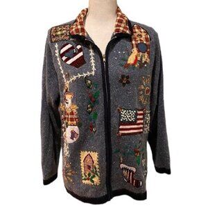 OHI Sweater Size Large Donegal Cardigan Country Folk Art Winter Vintage Teacher